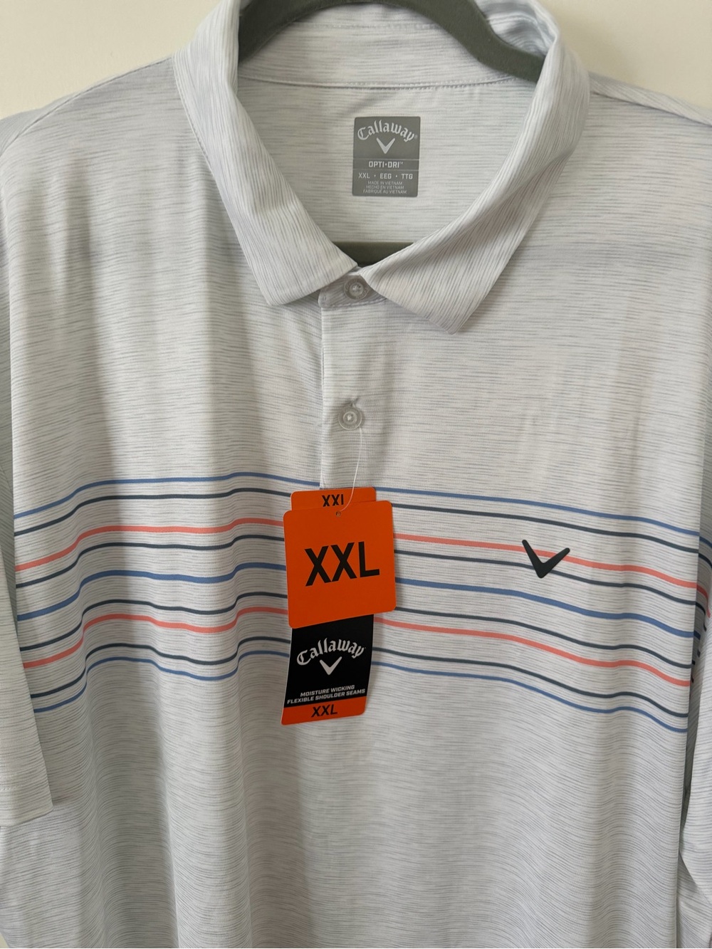Callaway White Polo with Navy and Red Stripe Accents